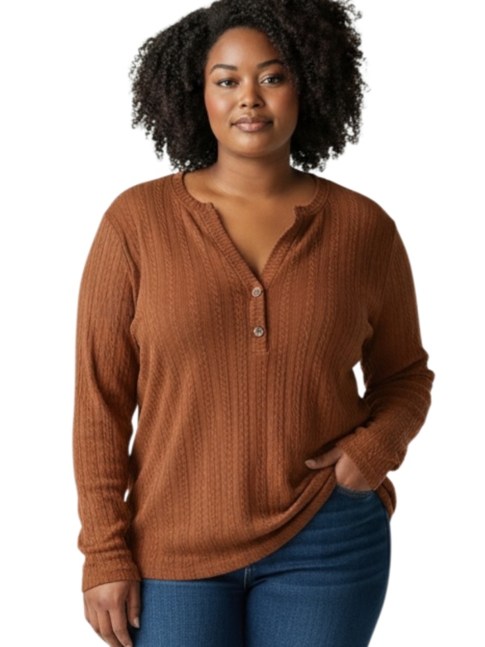Source Unknown Rust Brown Henley Knit Pullover - Long Sleeve